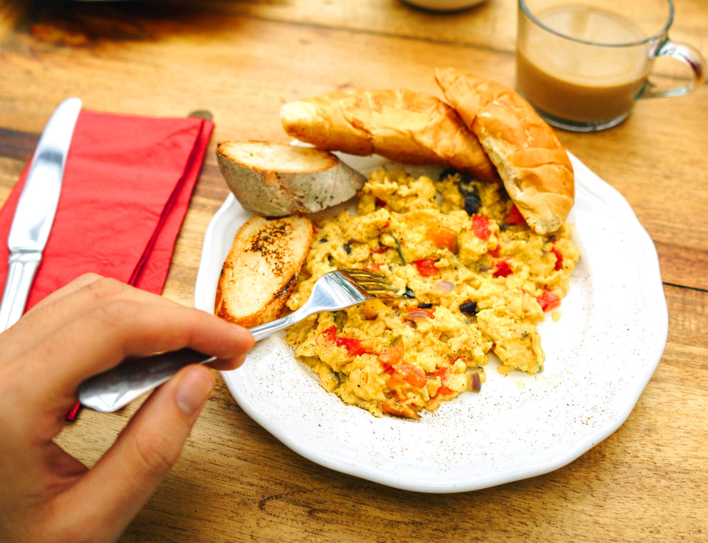 Creamy Scrambled Eggs - with Goat Cheese, Red Peppers & Basil